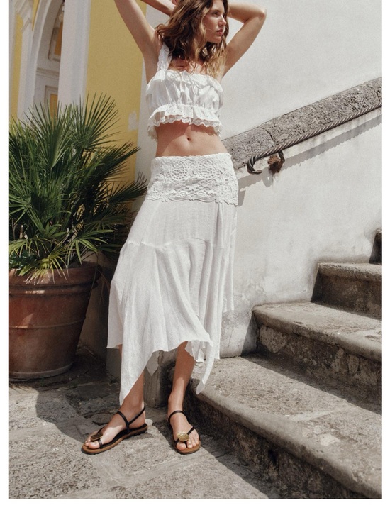 Zara Dresses & Skirts - Zara Boho Embroided White Lace-Trim Eyelet Crop Top & High-Low Midi Skirt